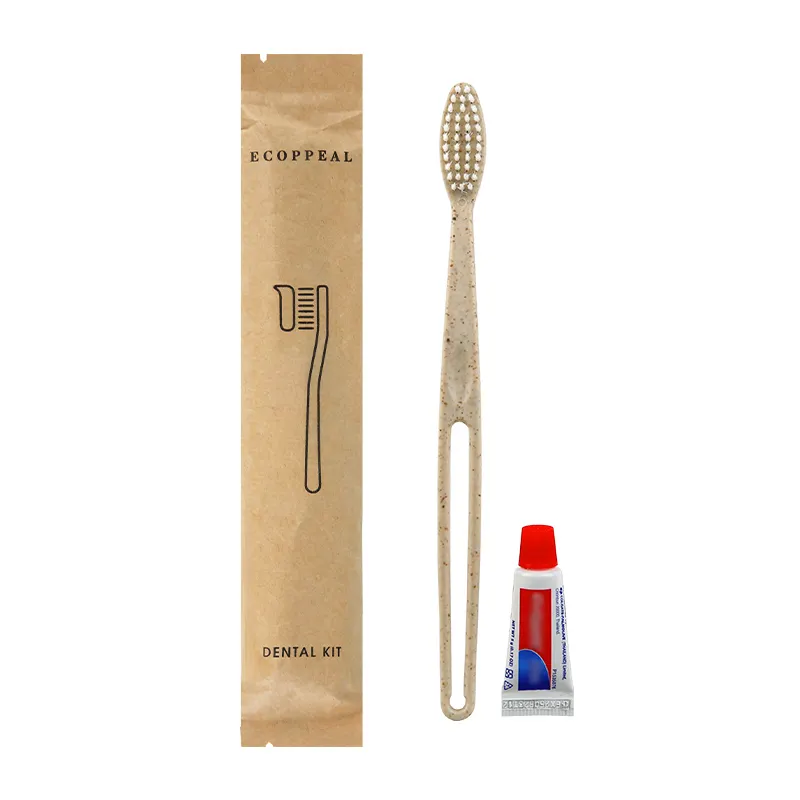 Eco-friendly Kraft Paper Packaging Biodegradable Wheat Straw Toothbrush Disposable Toothbrush Toothpaste Hotel Dental Kit
