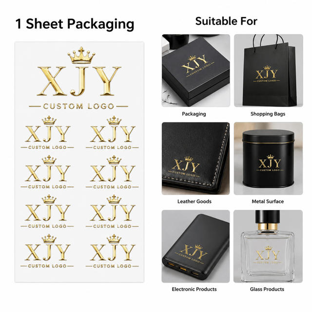 XJY Custom Logo 3d Embossed Label Decals Metallic Stickers Waterproof Luxury Gold Foil Transfer Logo Metal Stickers