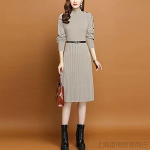 2023 sonbahar ofis bayan Mock boyun uzun kollu gevşek elbise yüksek belli kemer kazak elbise - Product Image 2