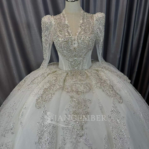 Lscm93 Luxury Ball Gown <b>Wedding</b> Dress Deep V Illusion Neck Crystal Beaded Long Sleeve Bridal Gown Glitter Jancember - Product Image 2