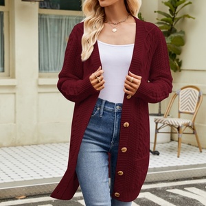 Suéter Largo Holgado Personalizado, Estilo Cárdigan <span class=keywords><strong>de</strong></span> Punto Trenzado, Color Sólido, Cuello en V, para Mujer, Colección Otoño Invierno - Product Image 6