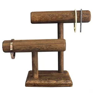 2 Tier Wooden Jewelry Bracelet Watch Display Tower Bangle Scrunchie Necklace Holder Storage Stand