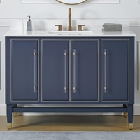 Meuble de salle de bain moderne de haute qualité en bois massif bleu marine de 48 pouces avec dessus en marbre artificiel, meubles écologiques