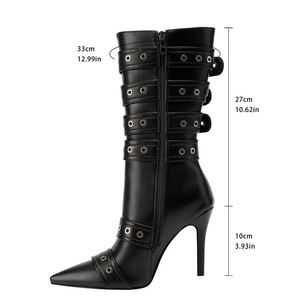 Large Size 46 Belt Metal Buckles Women <b>Knee</b> <b>High</b> Boots <b>High</b> Slim Heeled Long Booties Sexy Punk Styles Stiletto Dress Shoes - Product Image 3