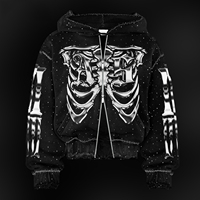 Sudadera con capucha extragrande para hombre, personalizada, con pedrería, de algodón de 420 g/m², estilo urbano oscuro, con gráfico DTG, efecto desgastado y doble cremallera