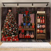 Latar Belakang Dapur Natal Lemari Retro Pohon Natal Dinding Kayu Pesta Keluarga Anak-anak Latar Belakang Fotografi Potret Studio Foto