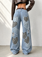 Jeans Anchos con Parche de Corazón de Leopardo, Estilo Y2K, para Mujer, Estética de los 90, Azul Claro Lavado, Holgados