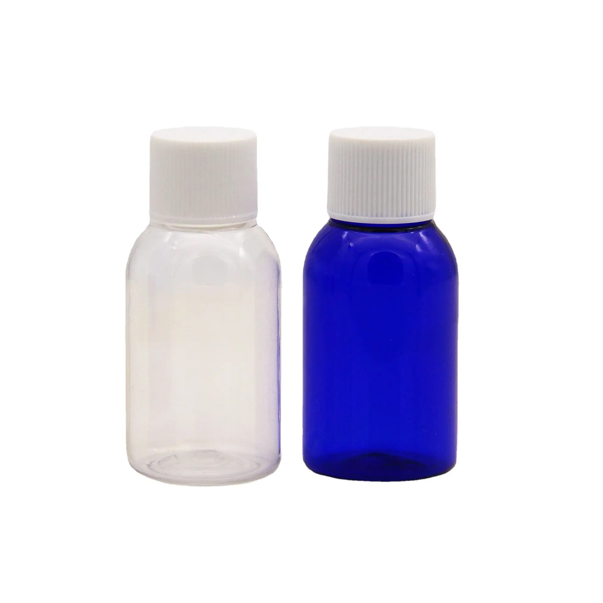 Botol plastik 30ml cairan Oral biru PET dengan tutup sekrup botol minyak esensial kemasan kosmetik
