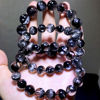 Bracelet extensible de luxe en perles rondes de quartz rutilé noir naturel de qualité collectionnable, pierres précieuses de cristal rares