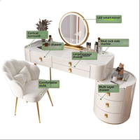 Ensemble de coiffeuse avec miroir LED, plateau en marbre blanc, tiroirs de rangement en MDF et pieds dorés pour chambre à coucher, table de maquillage, Schminktisch