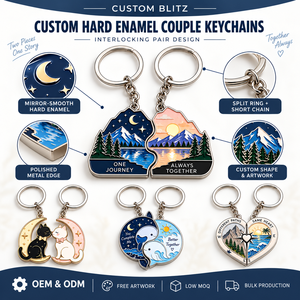Llaveros de Pareja Personalizados de Esmalte, Diseño de Gato y Ballena Montaña Entrelazados, Llaveros a Juego con Forma de Corazón, Diseño de Dibujos Animados, Material de Aleación de Zinc - Product Image 4