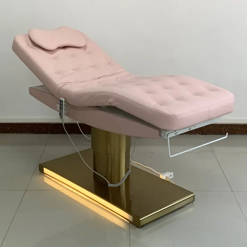 Lusso rosa trapuntato in pelle oro salone Spa letto attrezzature di bellezza 3 motori lettino cosmetico elettrico lettino da massaggio con illuminazione a Led