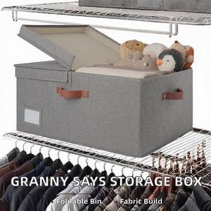 Large Foldable Fabric Clothing Storage <b>Box</b> With Lid PU Handles Label Slot Dark Grey <b>Wardrobe</b> Closet Organizer Bin - Product Image 5