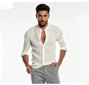 Nuova <span class=keywords><strong>Camicia</strong></span> Hawaiana da Uomo a Maniche Lunghe, in Lino Tinta Unita, Casual, Leggera, Vestibilità Dritta, Collo Coreana - Product Image 3