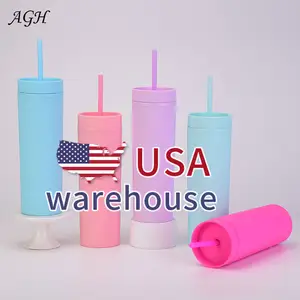 Gelas Kecil Plastik Dinding Ganda, Tumbler Akrilik Ramping, Dapat Digunakan Kembali 16Oz, Cangkir Matte Warna Pastel dengan Sedotan