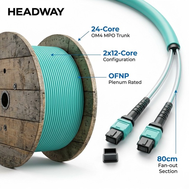 24 Core OM4 MPO to MPO Fiber Trunk Cable OFNP Plenum Rated 2x 12 Core MPO Female to Female High Density 100G 80cm Breakout