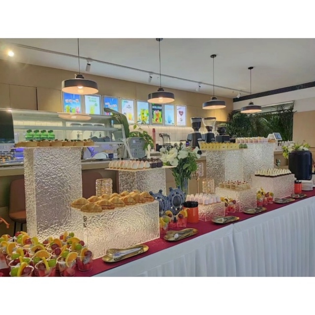 Hot Selling Acrylic Square Table Riser with Stone Pattern Customizable Size & Color Buffet Food Display Stand (Custom Logo)