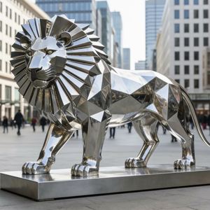 Grande sculpture géométrique abstraite de lion en acier inoxydable pour extérieur, en acier inoxydable 304 poli miroir, résistante aux intempéries, pièce d'art - Product Image 3