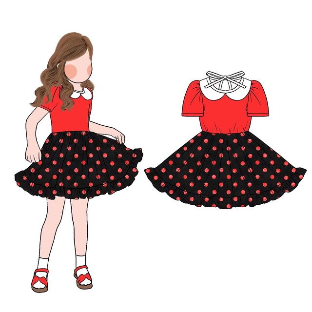 Good Quality Promotional Cute Doll Neck Fluffy Sleeve Ruffle Dress Polka Dot Pattern Beautiful Princess Dress