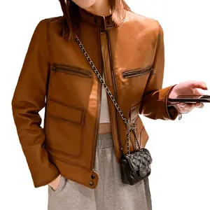 Wax Leather Pockets Stand Collar Women Genuine Motorcycle Leather Jacket