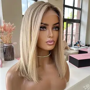 Byluxury 180 Density Ombre Highlight Ash Blonde Lace Front Wigs Human Hair Pre Plucked 14インチストレートショートボブ