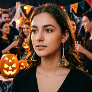 Boucles d'oreilles d'Halloween pour femmes, design créatif chapeau de <span class=keywords><strong>sorcière</strong></span> et balai, asymétriques, fantaisie, en résine acrylique, ambiance festive - Product Image 5