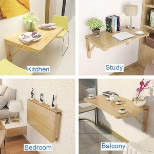 Solid <b>Wood</b> Folding Wall Mounted <b>Table</b> Natural Color Rectangle Minimalist Design For Home Office Bedroom Dining Room - Product Image 3