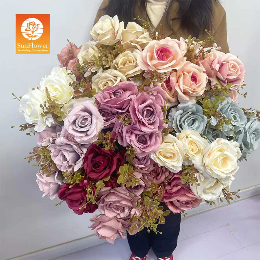 Sunwedding Wholesale Hot Sale Long Single Stem Artificial Silk Colorful Rose Flowers For Wedding Decor