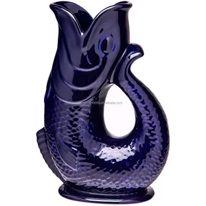 Dark Cobalt Blue Fish Shaped Vase Jug 1.5L Liter Glug Jug Decorative Ceramic Glugging Cocktail Water and Gin Jug and Pitcher