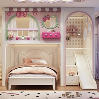 Lit superposé JS au design original en forme de chat, pour chambre de fille, avec escalier, armoire, toboggan et arche, mobilier de chambre de princesse
