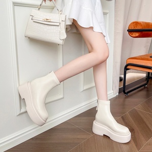 Women's White Platform Ankle Boots Chunky Thick Sole Elastic Sock <b>Booties</b> Back Zipper Designer Round Toe Comfortable Casual - Product Image 1