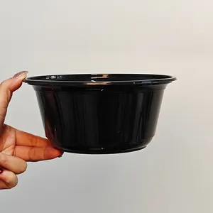 37 OZ hitam bulat plastik PP Microwave mangkuk aman dengan tutup 1100 ml wadah makanan sekali pakai untuk saus sup panas