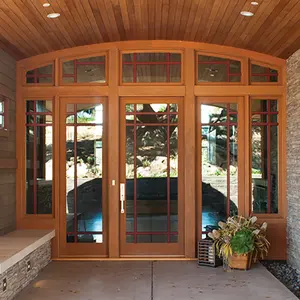 Exterior principal de doble puerta con arco diseño de puerta de madera maciza para casa