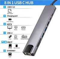 Hub USB-C 8-en-1 1000 Mégabits avec adaptateur HDTV 4K, lecteur de cartes SD/TF et chargeur rapide RJ45 pour ordinateur portable Windows