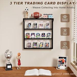 Wooden Wall Mounted Card <b>Display</b> <b>Shelf</b> 3 Tier Black Natural Wood Sports Trading Cards Rack For Collectibles - Product Image 5