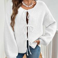 Strickjacke mit Rundhalsausschnitt und Schnürung, schlichter, lässiger Pullover für Damen, einfarbig, für den Herbst