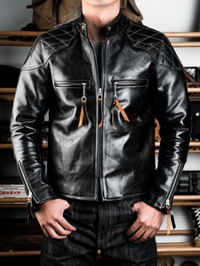 Blouson de moto MOROSO en <span class=keywords><strong>cuir</strong></span> de cheval respirant et coupe-vent de haute qualité, style locomotive japonaise J100, pour homme, col montant, coupe ajustée - Product Image 4