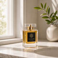 Flacon de parfum carré en verre rechargeable de 50 ml, transparent, avec collier doré, bouchon transparent, étiquette noire, logo personnalisé avec boîte