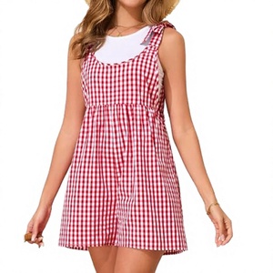 <b>Women's</b> Red White Gingham Checkered Sleeveless <b>Overall</b> Dress High Waist Loose Fit Casual Spring Summer Above Knee Style - Product Image 4