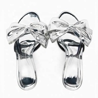 Nouvel été argent métallique arc décoré pantoufles à talons hauts bout ouvert Grandes tailles 46 sandales à talons hauts pour femmes et dames