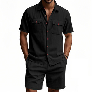 Sommer Herren Freizeit-Hemdset Atmungsaktives Cordhemd mit Doppelklappentaschen Kurzarm Knopfleiste und Shorts Zweiteiliges Set - Product Image 3