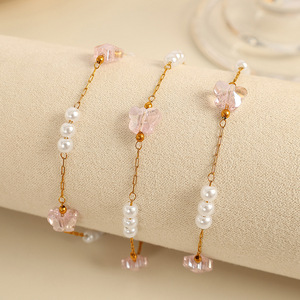 Conjunto de collar de perlas de mariposa con cadena de oro y piedra rosa para mujer, conjunto de joyería de moda para fiesta - Product Image 2