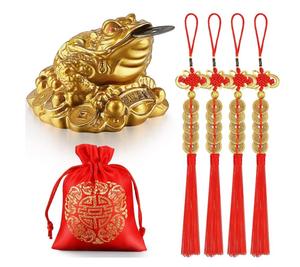 Rana del Dinero Feng Shui, Sapo del Dinero Chino de Tres Patas con Moneda, 4 Piezas de Monedas de la Suerte con Nudo Chino, Monedas Rojas de Feng Shui - Product Image 1