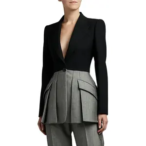 Setelan Wanita Dapat Disesuaikan Fashion Baru Blazer Lipit Peplum Kancing Depan Herringbone