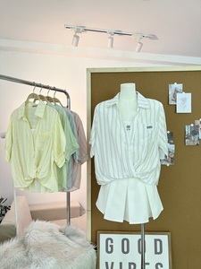 A752 <b>Women's</b> Striped Ruched-Waist Shirt with T-Shirt Fabric Panel Turn-down Collar Cotton Poplin Casual Spring Summer <b>Top</b> - Product Image 3
