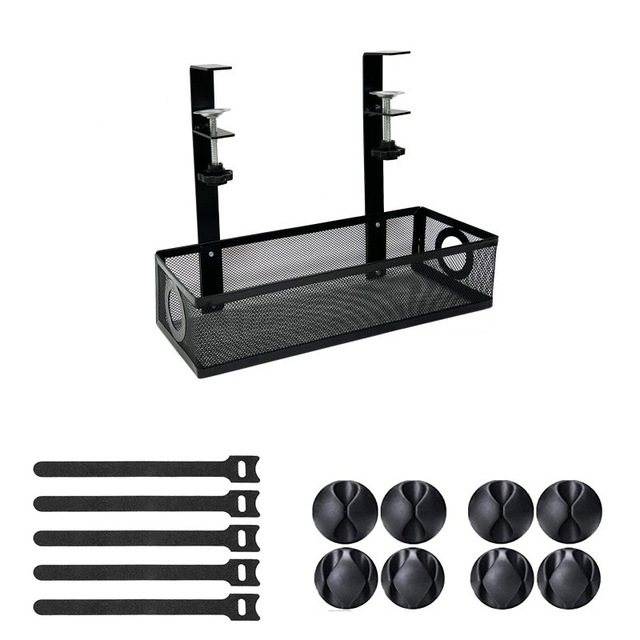 Carved Square Metal Mesh Cable Management Tray No Drill under Desk Cable Organizer with Clamp Mount Office Organizer