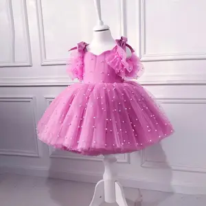 2024 nuovo abito da principessa in garza da ragazza con bretelle a prua vestiti da spettacolo per bambini