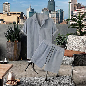 Conjunto Casual de Verano para Hombre, Transpirable, Tejido, 100% Poliéster, con Camisa de Cuello y Pantalones Cortos, Color Sólido - Product Image 3