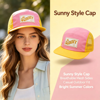 Casquette de campingur 5 panneaux en maille bicolore rose et jaune, avec patch tissé personnalisé SUNNY, idéale pour les sports de plein air et la course à pied