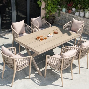 Juego de mesa y silla de comedor de <span class=keywords><strong>cuerda</strong></span> tejida, nórdico, para jardín, <span class=keywords><strong>restaurante</strong></span>, Aire libre, con cojín - Product Image 3